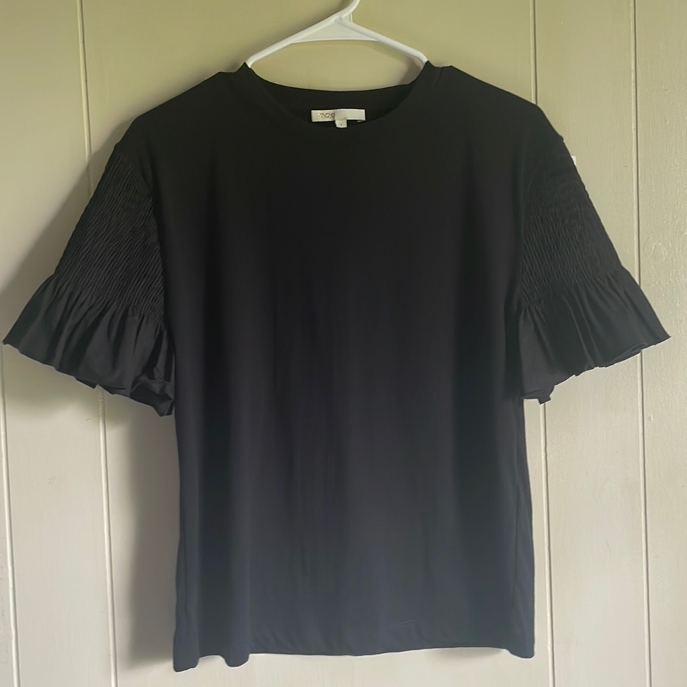 Maje Black Cotton Smocked Ruffle Sleeve Top